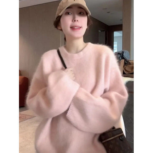 大碼溫柔慵懶風粉色圓領毛衣女秋冬新款胖mm寬松顯瘦針織衫小上衣