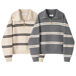 XinmonLee韓系慵懶風復古條紋撞色半拉鍊翻領軟糯毛衣氣質休閒女