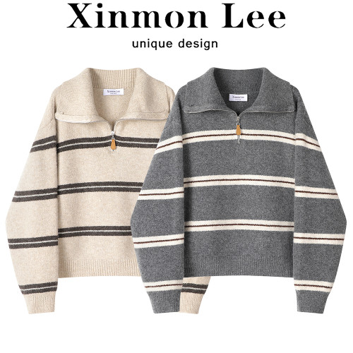 XinmonLee韓系慵懶風復古條紋撞色半拉鍊翻領軟糯毛衣氣質休閒女 XinmonLee韓系慵懶風復古條紋撞色半拉鍊翻領軟糯毛衣氣質休閒女