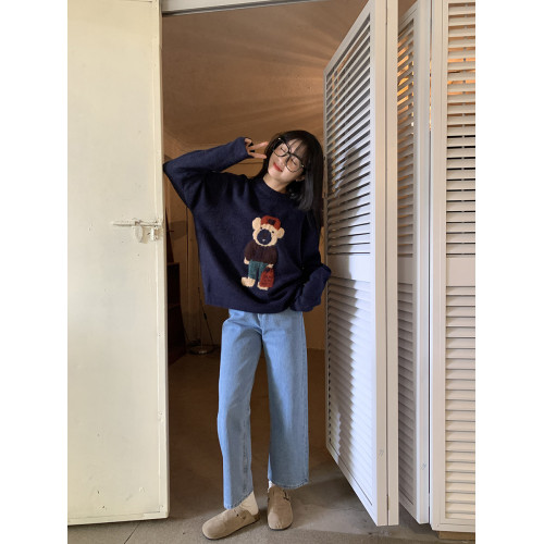 馨幫幫 可愛小熊毛衣女秋冬韓版套頭慵嬾風高級感小個子針織上衣