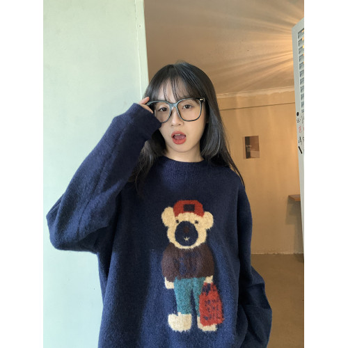 馨幫幫 可愛小熊毛衣女秋冬韓版套頭慵嬾風高級感小個子針織上衣