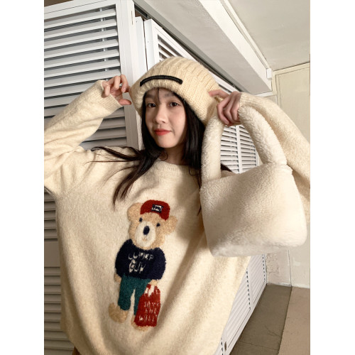 馨幫幫 可愛小熊毛衣女秋冬韓版套頭慵嬾風高級感小個子針織上衣