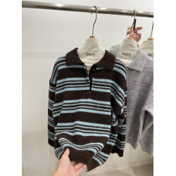 韓系復古撞色Polo領條紋套頭毛衣女秋冬新款軟糯慵懶針織衫上衣潮