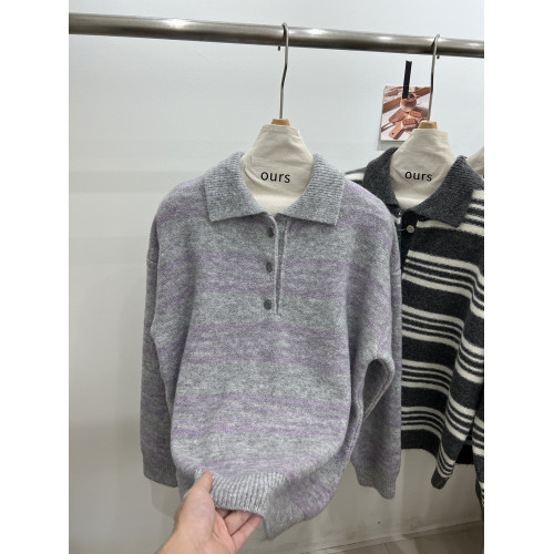 韓系復古撞色Polo領條紋套頭毛衣女秋冬新款軟糯慵懶針織衫上衣潮