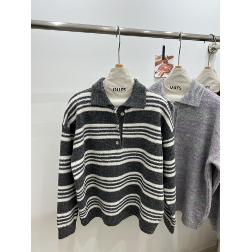 韓系復古撞色Polo領條紋套頭毛衣女秋冬新款軟糯慵懶針織衫上衣潮