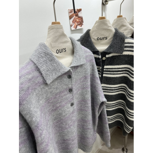 韓系復古撞色Polo領條紋套頭毛衣女秋冬新款軟糯慵懶針織衫上衣潮