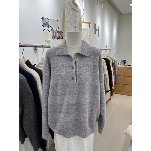 韓系復古撞色Polo領條紋套頭毛衣女秋冬新款軟糯慵懶針織衫上衣潮