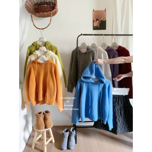 復古松弛感加厚鏤空連帽軟糯毛衣女冬外穿內搭季法慵懶減齡針織衫