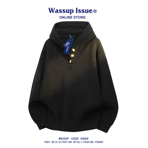 WASSUP ISSUE美式亨利領連帽毛衣男款春秋寬松高級感針織衫外套男 WASSUP ISSUE美式亨利領連帽毛衣男款春秋寬松高級感針織衫外套男
