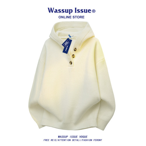 WASSUP ISSUE美式亨利領連帽毛衣男款春秋寬松高級感針織衫外套男 WASSUP ISSUE美式亨利領連帽毛衣男款春秋寬松高級感針織衫外套男