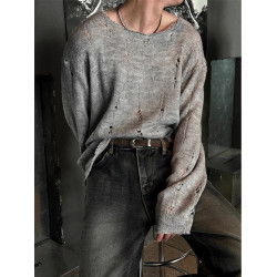 拉絲鏤空破洞針織長袖T恤男春夏復古小衆罩衫輕薄慵嬾風體恤上衣