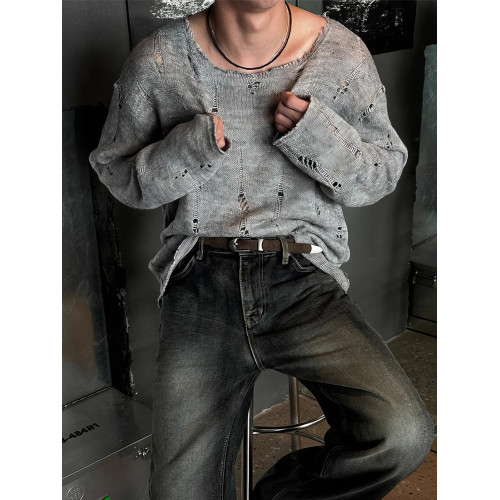 拉絲鏤空破洞針織長袖T恤男春夏復古小衆罩衫輕薄慵嬾風體恤上衣