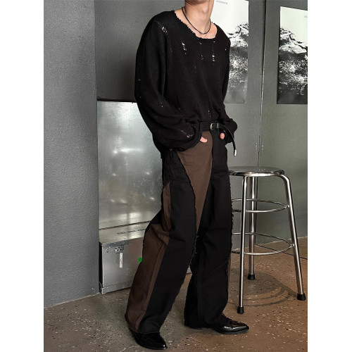 拉絲鏤空破洞針織長袖T恤男春夏復古小衆罩衫輕薄慵嬾風體恤上衣