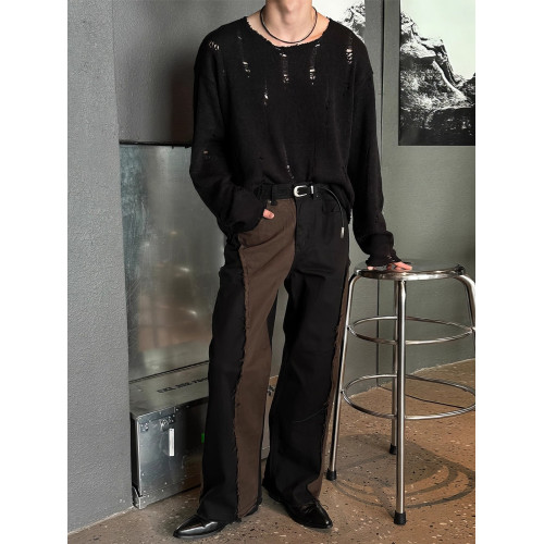 拉絲鏤空破洞針織長袖T恤男春夏復古小衆罩衫輕薄慵嬾風體恤上衣