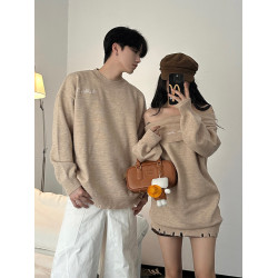 小衆設計感情侶裝秋冬INS超火毛衣一字肩露肩針織連衣裙一裙一衣