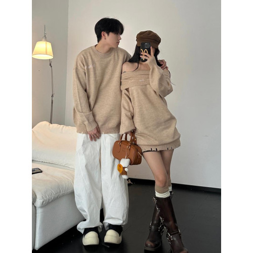 小衆設計感情侶裝秋冬INS超火毛衣一字肩露肩針織連衣裙一裙一衣