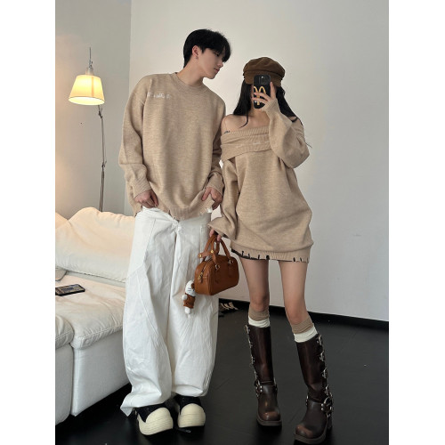 小衆設計感情侶裝秋冬INS超火毛衣一字肩露肩針織連衣裙一裙一衣