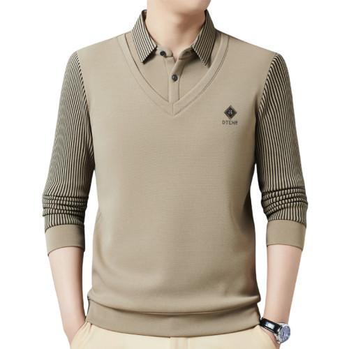 啄木鳥打底衫男士假兩件上衣中老年加絨加厚襯衫領毛衣男爸爸冬裝