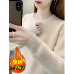 2025年秋冬季新款圓領水貂絨毛衣女加絨加厚內搭打底衫保暖衣上衣