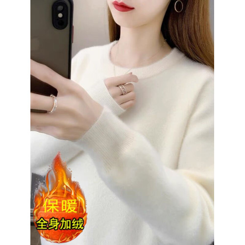 2025年秋冬季新款圓領水貂絨毛衣女加絨加厚內搭打底衫保暖衣上衣