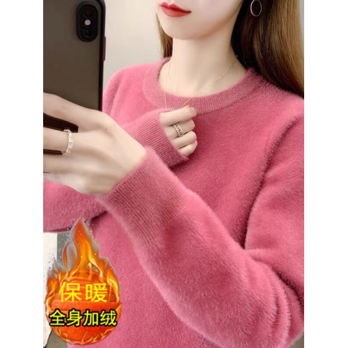 2025年秋冬季新款圓領水貂絨毛衣女加絨加厚內搭打底衫保暖衣上衣