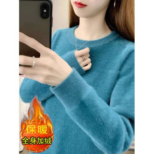 2025年秋冬季新款圓領水貂絨毛衣女加絨加厚內搭打底衫保暖衣上衣