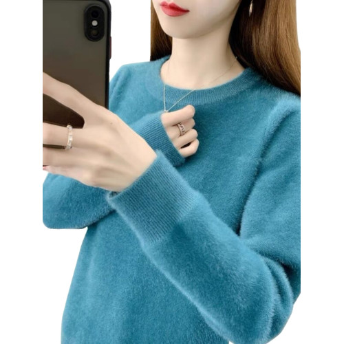 2025年秋冬季新款圓領水貂絨毛衣女加絨加厚內搭打底衫保暖衣上衣