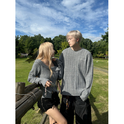 情侶裝2025秋冬新款純欲一字肩毛衣圓領軟糯綿韓系計感針織衫上衣