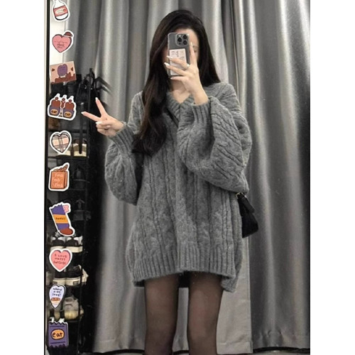 灰色麻花v領毛衣女秋冬2023新款爆款中長款毛衣裙慵懶風寬松上衣