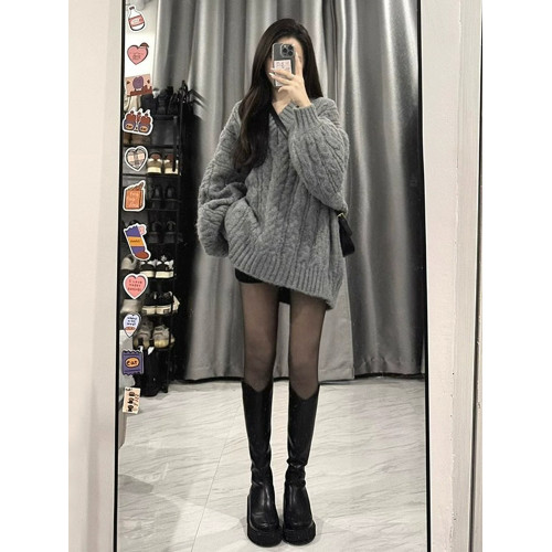灰色麻花v領毛衣女秋冬2023新款爆款中長款毛衣裙慵懶風寬松上衣