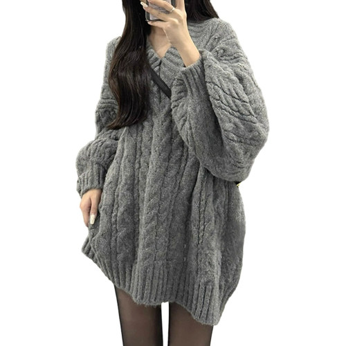 灰色麻花v領毛衣女秋冬2023新款爆款中長款毛衣裙慵懶風寬松上衣