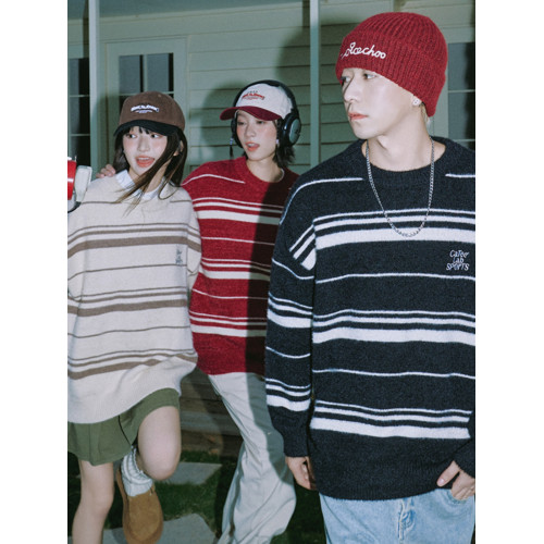 日系復古ins條紋學院風針織衫男秋冬季vintage情侶款痞帥套頭毛衣