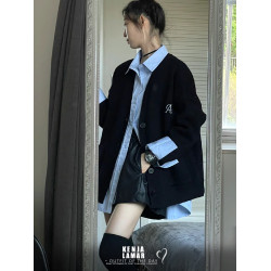 2024春款慵懶寬松毛衣針織開衫女氣質顯瘦曡穿襯衫皮短褲三件套裝