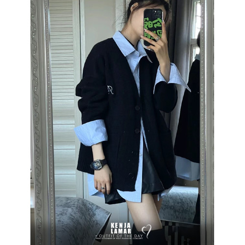 2024春款慵懶寬松毛衣針織開衫女氣質顯瘦曡穿襯衫皮短褲三件套裝