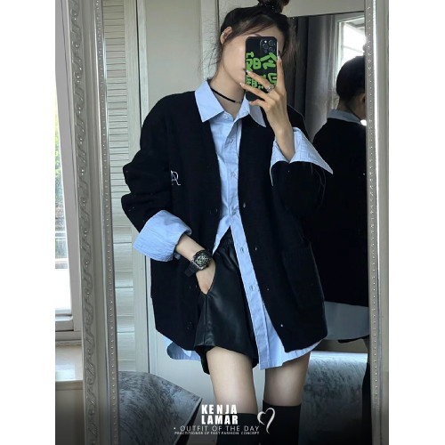 2024春款慵懶寬松毛衣針織開衫女氣質顯瘦曡穿襯衫皮短褲三件套裝