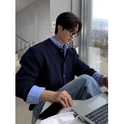 高級感綠色針織開衫男美式復古繙領工裝外套單排釦坑條紋毛線衣潮