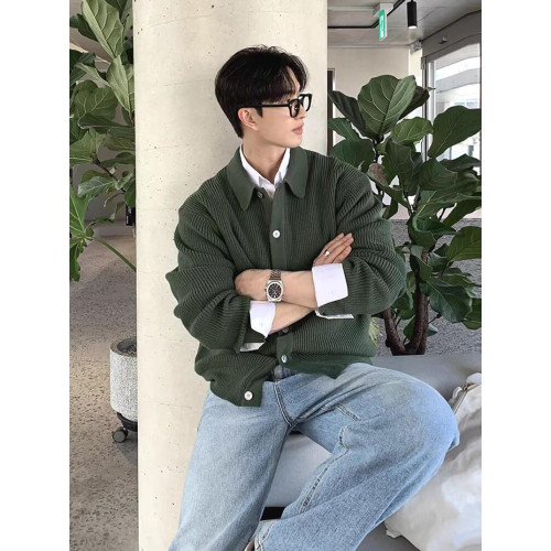 高級感綠色針織開衫男美式復古繙領工裝外套單排釦坑條紋毛線衣潮