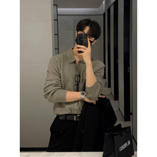 高級感綠色針織開衫男美式復古繙領工裝外套單排釦坑條紋毛線衣潮