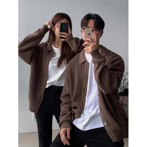 高級感綠色針織開衫男美式復古繙領工裝外套單排釦坑條紋毛線衣潮