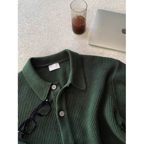 高級感綠色針織開衫男美式復古繙領工裝外套單排釦坑條紋毛線衣潮