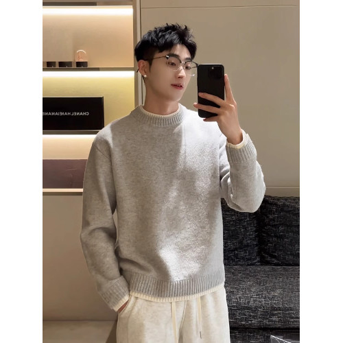 美利奴綿羊毛混紡假兩件圓領毛衣男士羊毛衫秋冬新款內搭針織衫男