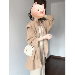 法式氣質卡其色連帽針織開衫女秋冬季寬松顯瘦毛衣外套中長款上衣