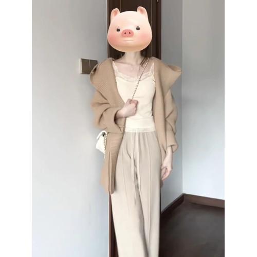 法式氣質卡其色連帽針織開衫女秋冬季寬松顯瘦毛衣外套中長款上衣 法式氣質卡其色連帽針織開衫女秋冬季寬松顯瘦毛衣外套中長款上衣