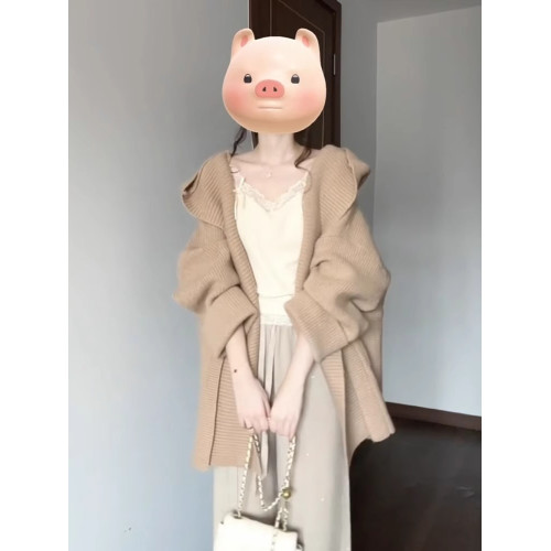 法式氣質卡其色連帽針織開衫女秋冬季寬松顯瘦毛衣外套中長款上衣 法式氣質卡其色連帽針織開衫女秋冬季寬松顯瘦毛衣外套中長款上衣