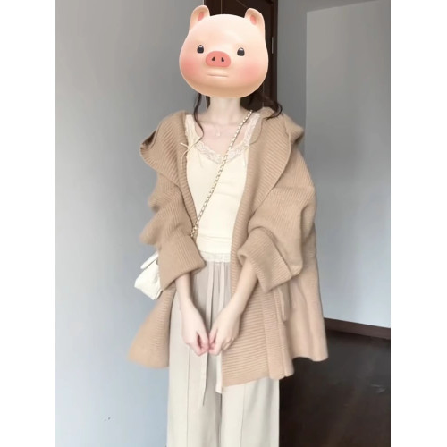 法式氣質卡其色連帽針織開衫女秋冬季寬松顯瘦毛衣外套中長款上衣 法式氣質卡其色連帽針織開衫女秋冬季寬松顯瘦毛衣外套中長款上衣