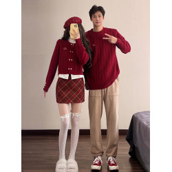跨年氛圍感情侶裝毛衣秋冬季本命新年紅色套裝訂婚宴假兩件針織衫