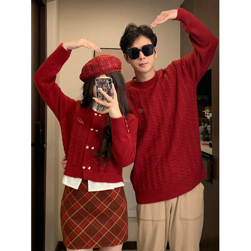 跨年氛圍感情侶裝毛衣秋冬季本命新年紅色套裝訂婚宴假兩件針織衫