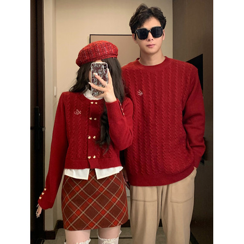 跨年氛圍感情侶裝毛衣秋冬季本命新年紅色套裝訂婚宴假兩件針織衫