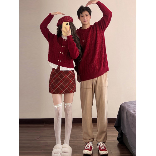 跨年氛圍感情侶裝毛衣秋冬季本命新年紅色套裝訂婚宴假兩件針織衫