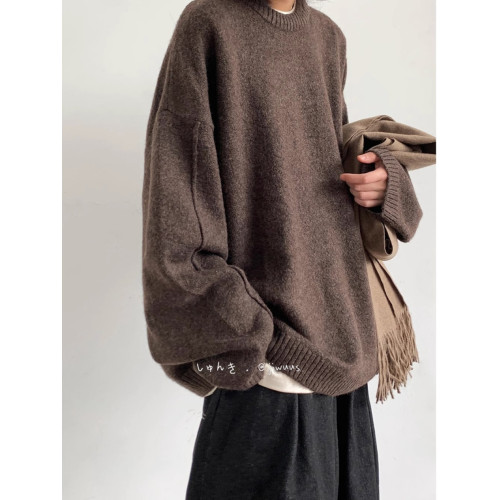 日系復古純色毛衣男女秋冬oversize寬鬆美拉德中性慵嬾針織衫外套